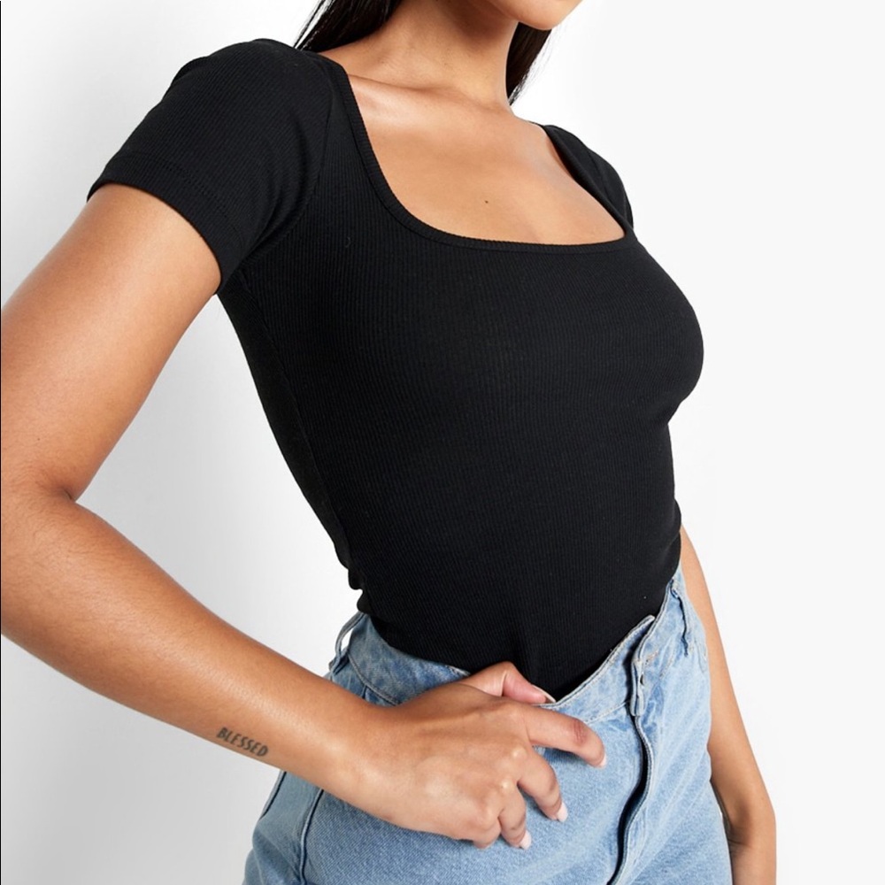 Recycled Rib Short Sleeve Square Neck Bodysuit Black-10 Boohoo
